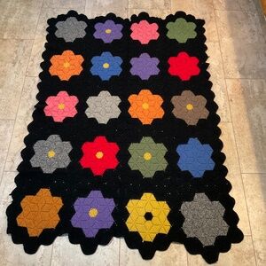 VTG Black Floral Crochet Afghan Blanket Throw Cottagecore 63”L x 42”W READ DESC